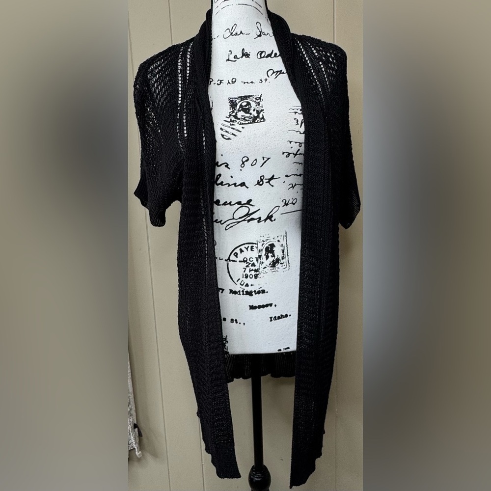 Joan Vass Linen Blend Open Knit Short Sleeve Open Cardigan Womens Size Large